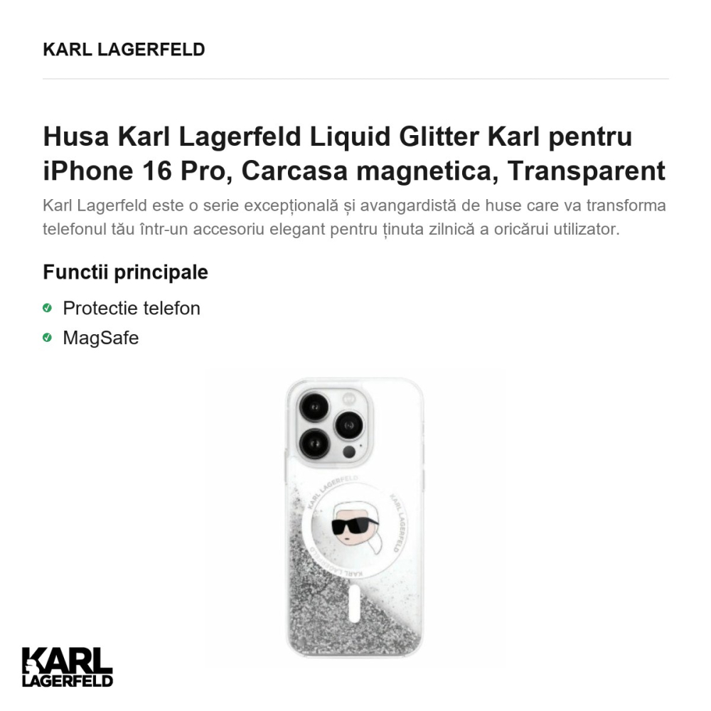 Husa Karl Lagerfeld Liquid Glitter Karl pentru iPhone 16 Pro, Carcasa magnetica, Transparent [2]