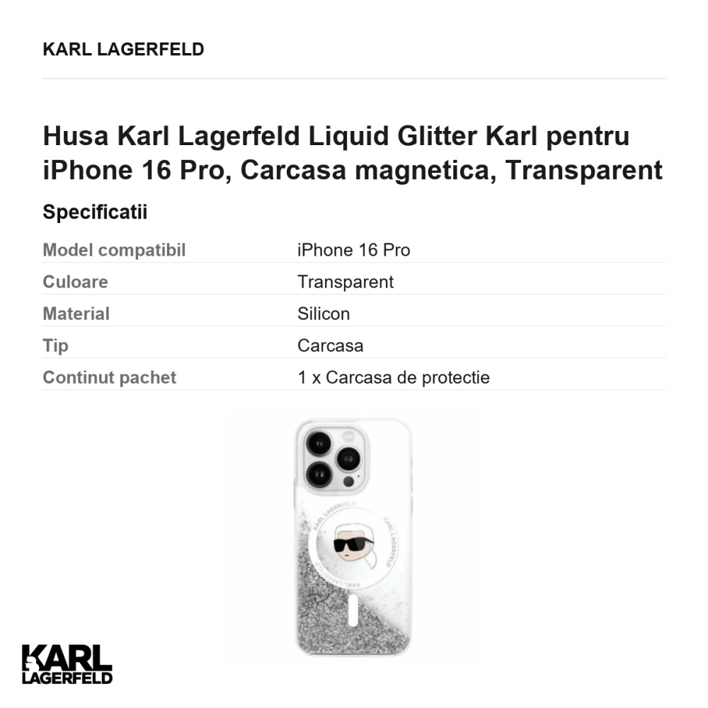 Husa Karl Lagerfeld Liquid Glitter Karl pentru iPhone 16 Pro, Carcasa magnetica, Transparent [3]