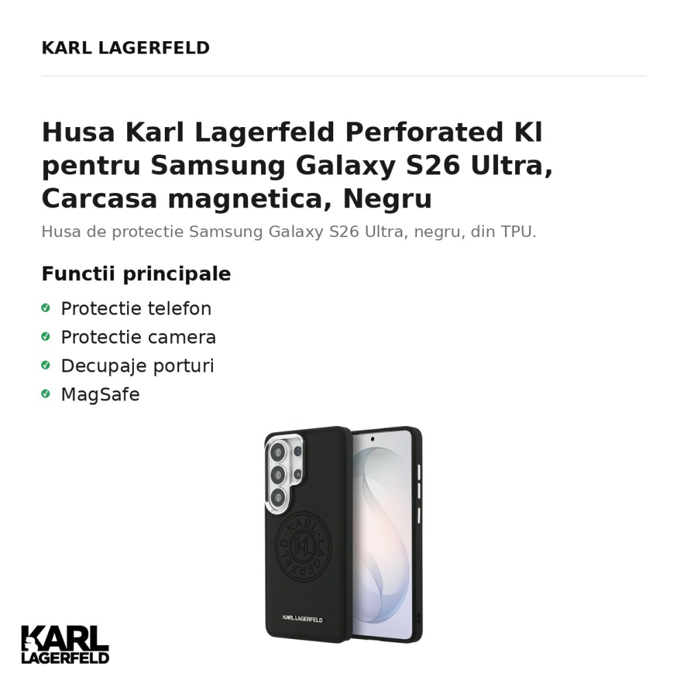 Husa Karl Lagerfeld Perforated Kl pentru Samsung Galaxy S26 Ultra, Carcasa magnetica, Negru [2]