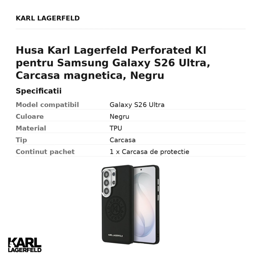 Husa Karl Lagerfeld Perforated Kl pentru Samsung Galaxy S26 Ultra, Carcasa magnetica, Negru [3]