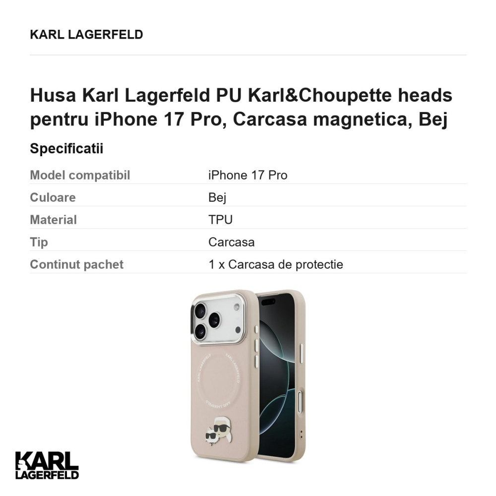 Husa Karl Lagerfeld PU Karl&Choupette heads pentru iPhone 17 Pro, Carcasa magnetica, Bej [3]