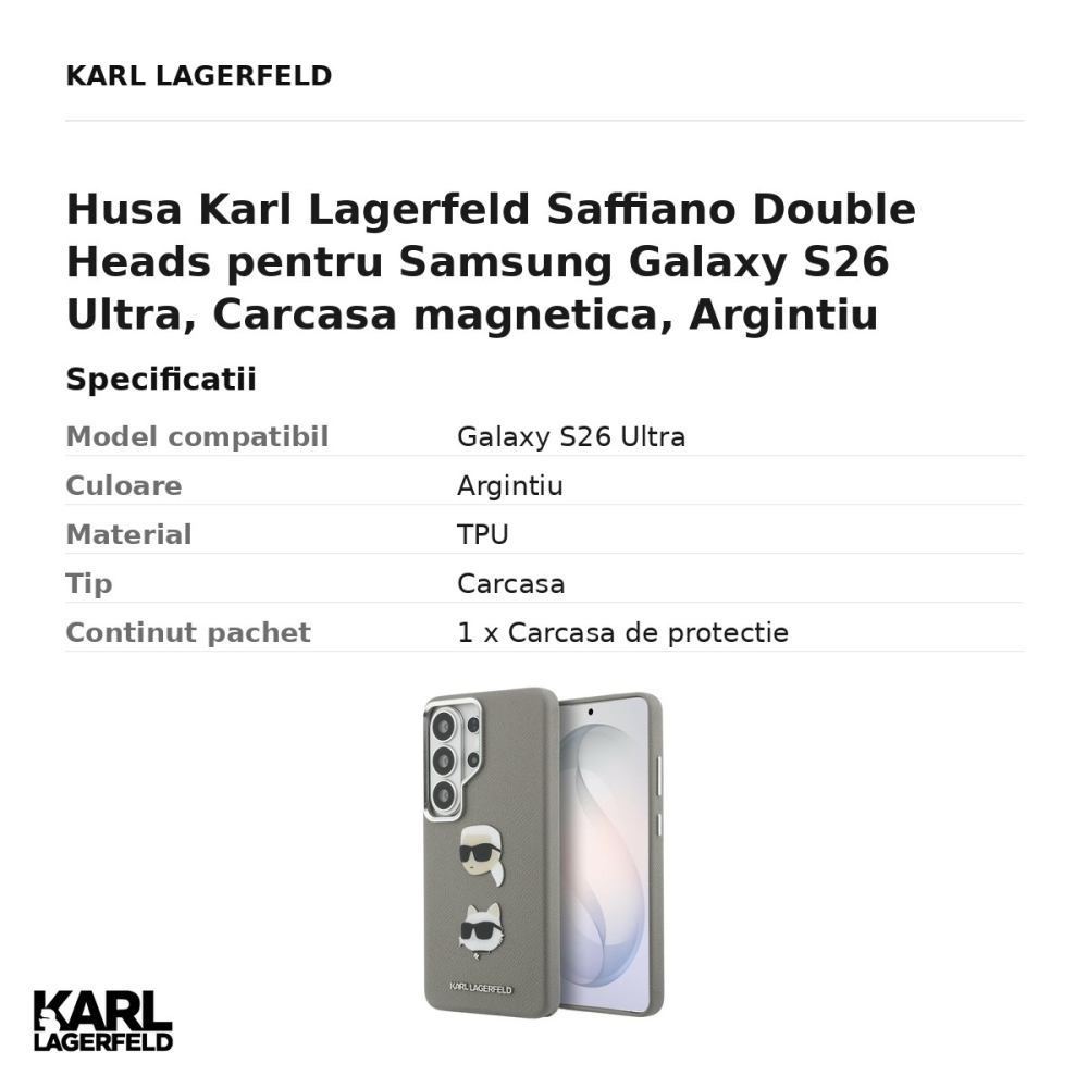 Husa Karl Lagerfeld Saffiano Double Heads pentru Samsung Galaxy S26 Ultra, Carcasa magnetica, Argintiu [3]