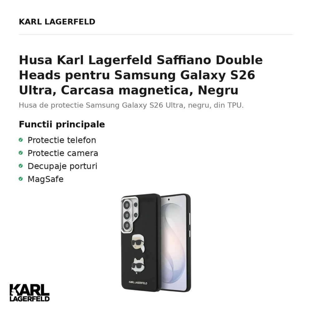 Husa Karl Lagerfeld Saffiano Double Heads pentru Samsung Galaxy S26 Ultra, Carcasa magnetica, Negru [2]