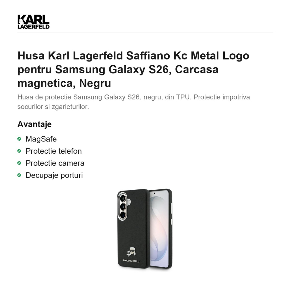 Husa Karl Lagerfeld Saffiano Kc Metal Logo pentru Samsung Galaxy S26, Carcasa magnetica, Negru [2]