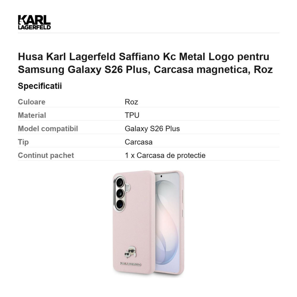 Husa Karl Lagerfeld Saffiano Kc Metal Logo pentru Samsung Galaxy S26 Plus, Carcasa magnetica, Roz [3]
