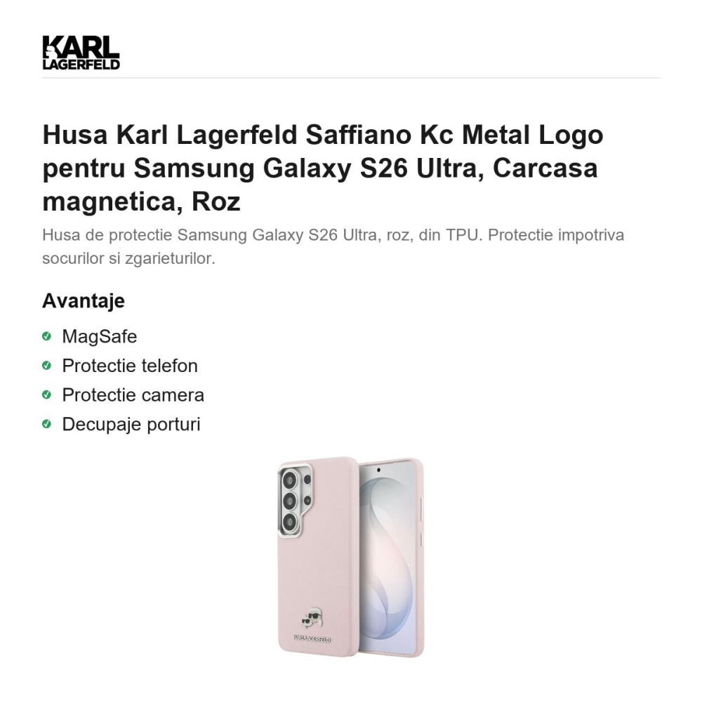 Husa Karl Lagerfeld Saffiano Kc Metal Logo pentru Samsung Galaxy S26 Ultra, Carcasa magnetica, Roz [2]