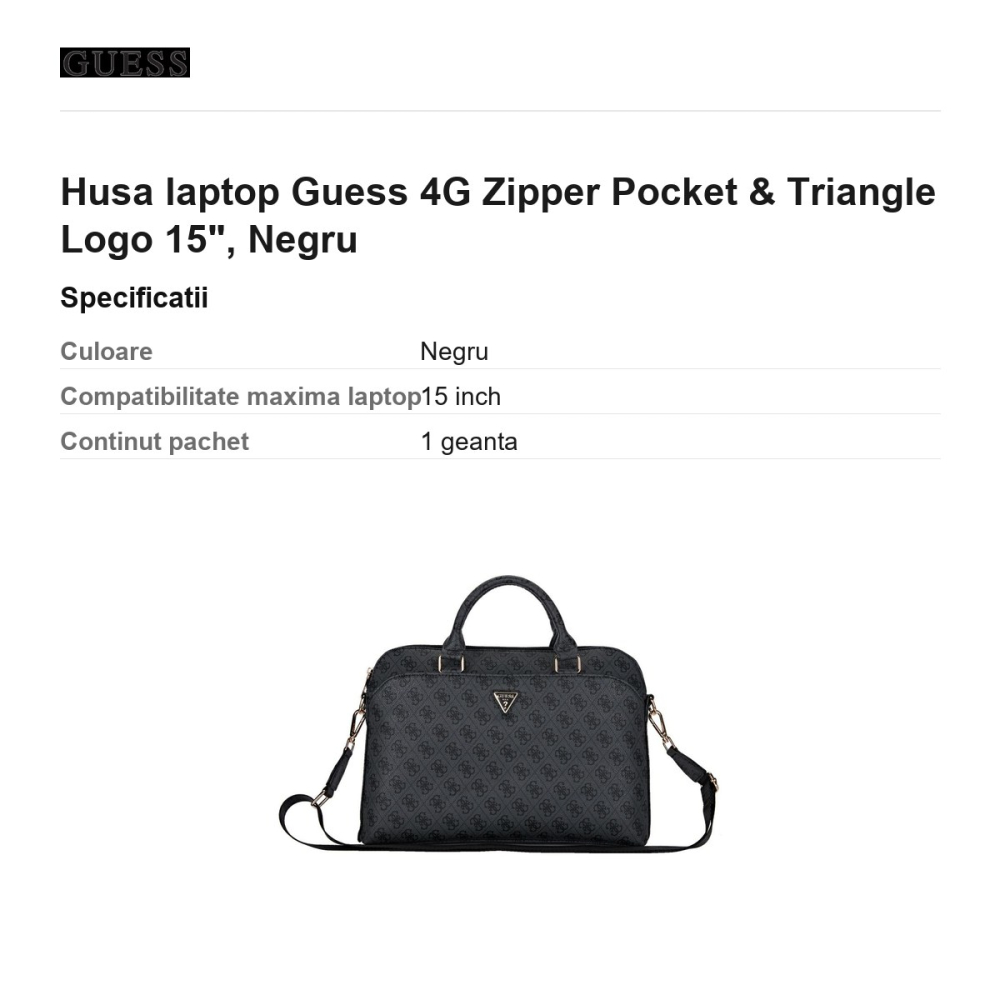 Husa laptop Guess 4G Zipper Pocket & Triangle Logo 15", Negru [3]