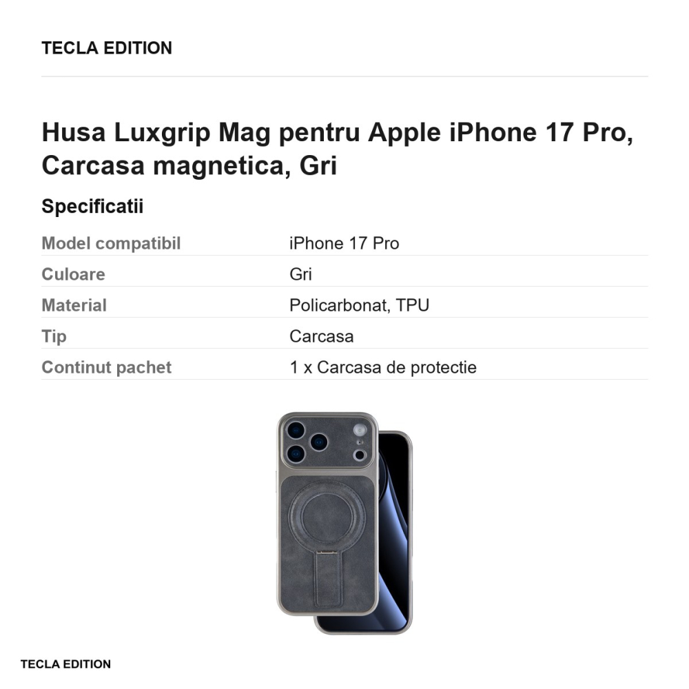 Husa Luxgrip Mag pentru Apple iPhone 17 Pro, Carcasa magnetica, Gri [3]