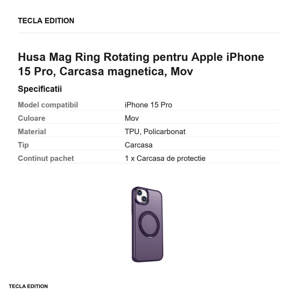 Husa Mag Ring Rotating pentru Apple iPhone 15 Pro, Carcasa magnetica, Mov [3]