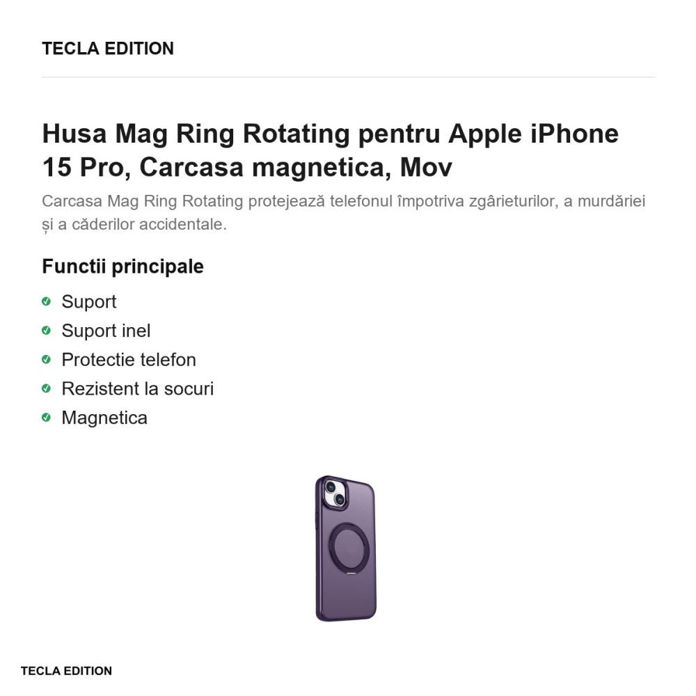 Husa Mag Ring Rotating pentru Apple iPhone 15 Pro, Carcasa magnetica, Mov [2]