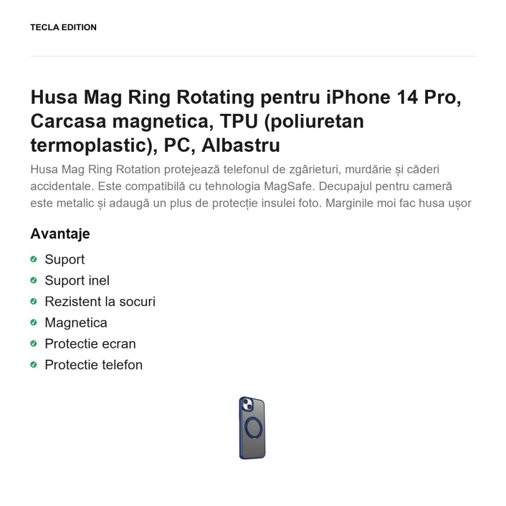 Husa Mag Ring Rotating pentru iPhone 14 Pro, Carcasa magnetica, TPU (poliuretan termoplastic), PC, Albastru [2]