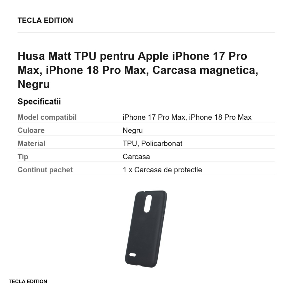 Husa Matt TPU pentru Apple iPhone 17 Pro Max, iPhone 18 Pro Max, Carcasa magnetica, Negru [3]