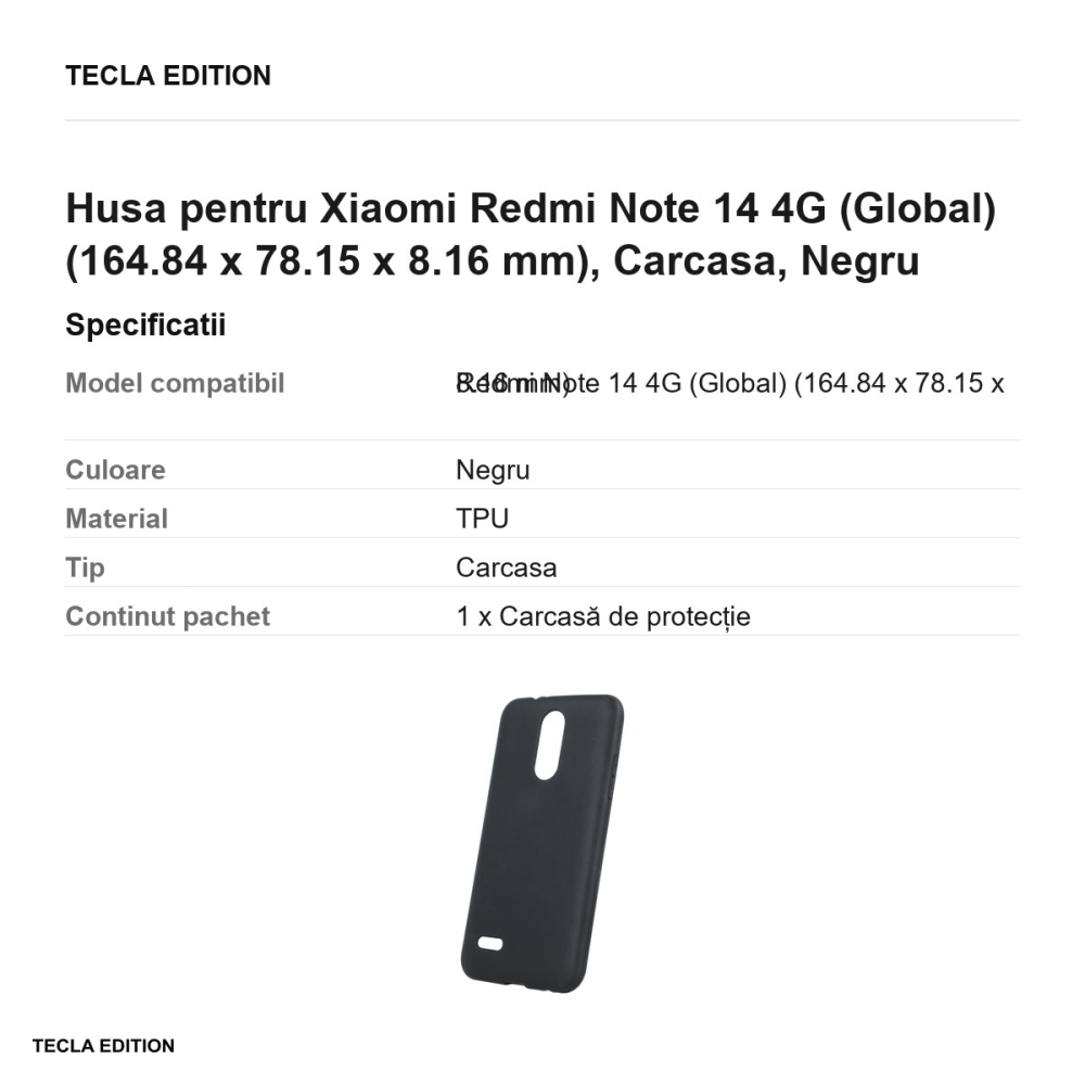 Husa Matt TPU pentru Xiaomi Redmi Note 14 4G (Global), Carcasa, Negru [3]