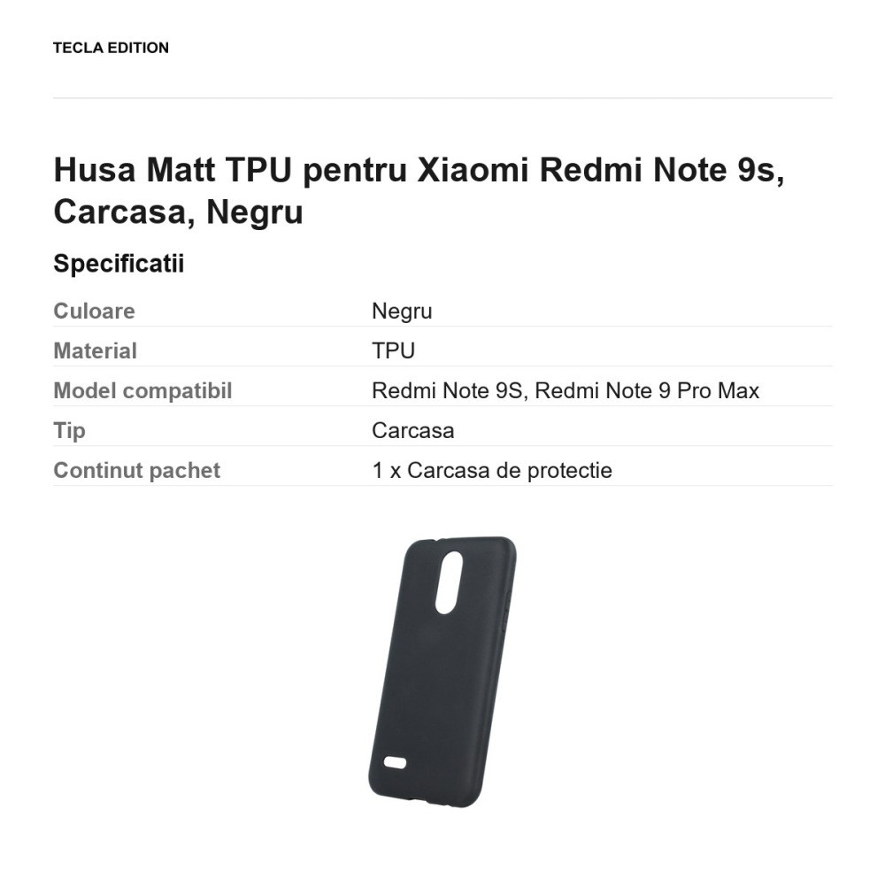 Husa Matt TPU pentru Xiaomi Redmi Note 9s, Carcasa, Negru [3]