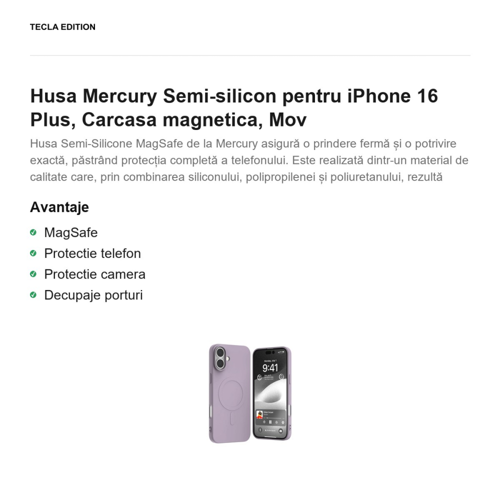 Husa Mercury Semi-silicon pentru iPhone 16 Plus, Carcasa magnetica, Mov [2]