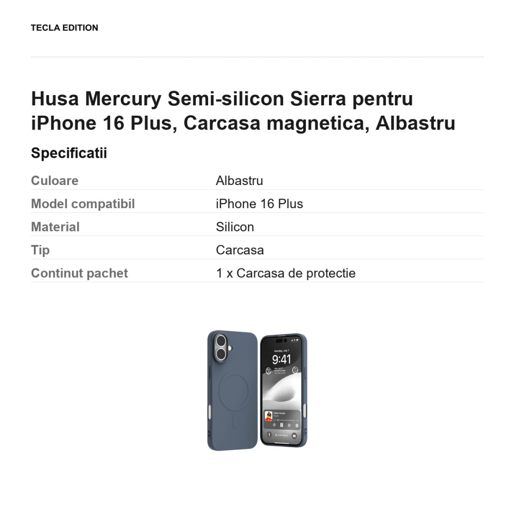 Husa Mercury Semi-silicon Sierra pentru iPhone 16 Plus, Carcasa magnetica, Albastru [3]