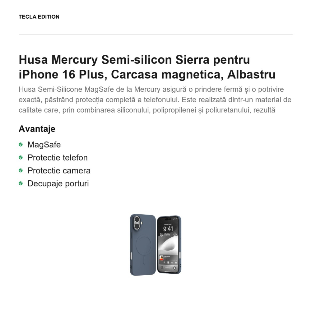 Husa Mercury Semi-silicon Sierra pentru iPhone 16 Plus, Carcasa magnetica, Albastru [2]
