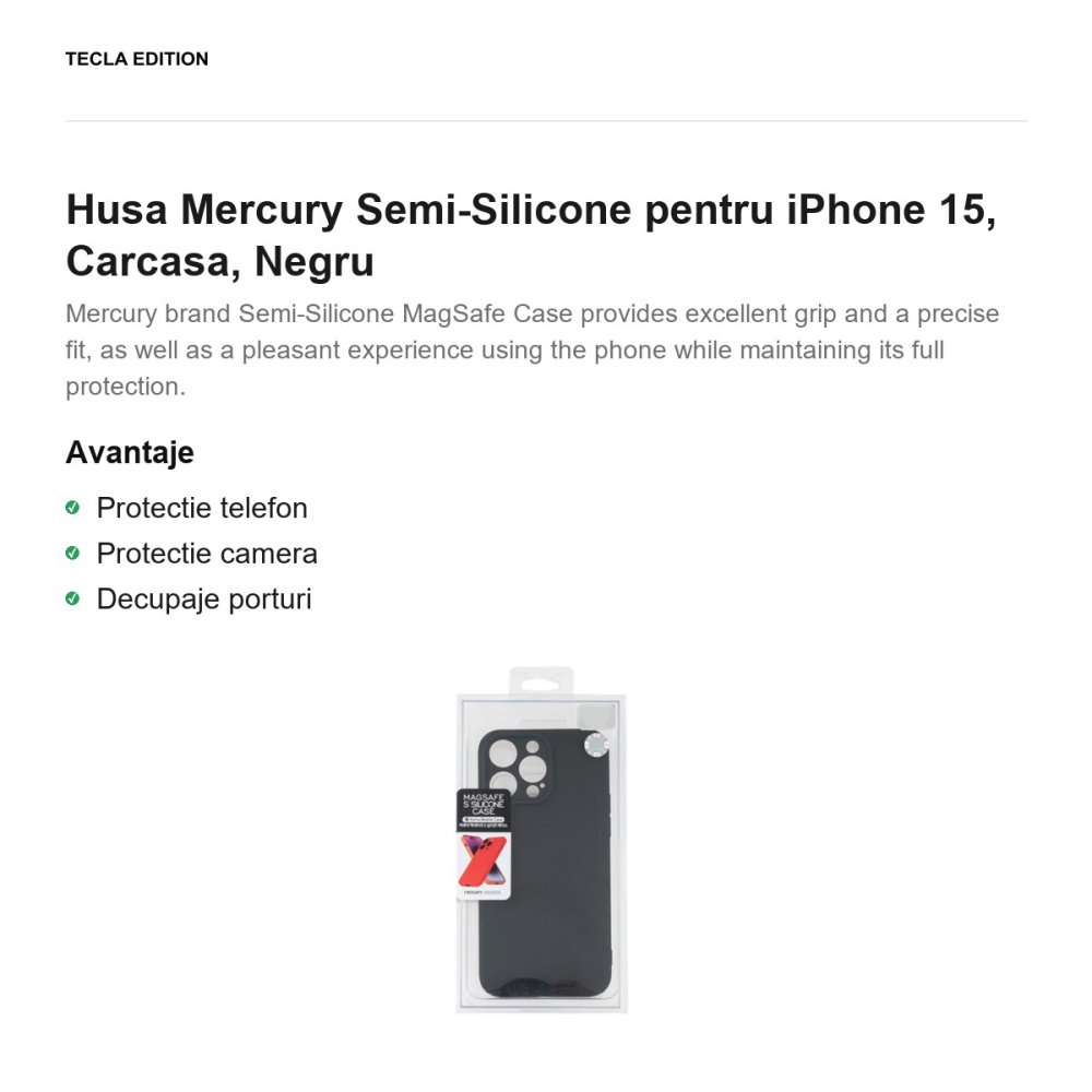 Husa Mercury Semi-Silicone pentru iPhone 15, Carcasa, Negru [2]