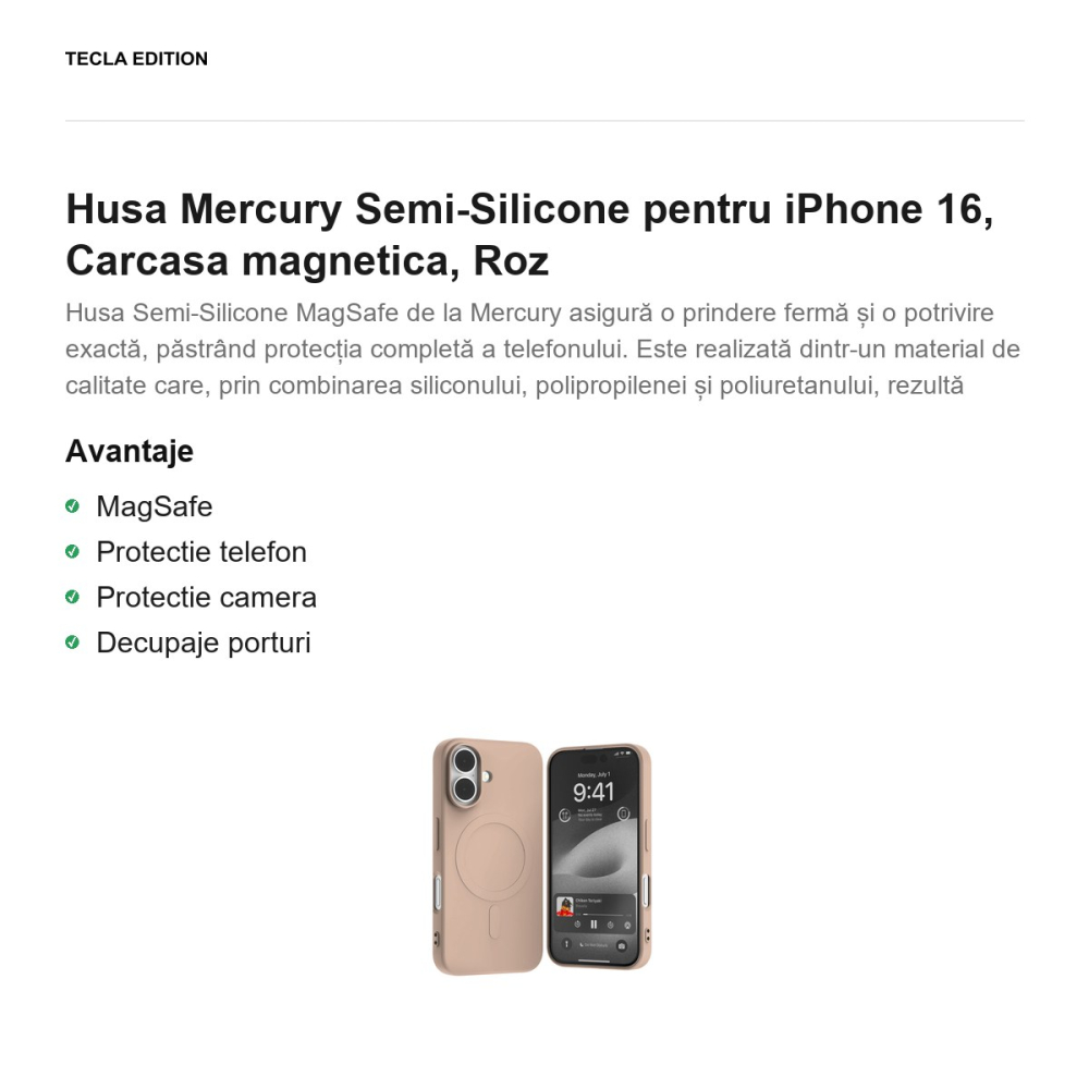 Husa Mercury Semi-Silicone pentru iPhone 16, Carcasa magnetica, Roz [2]