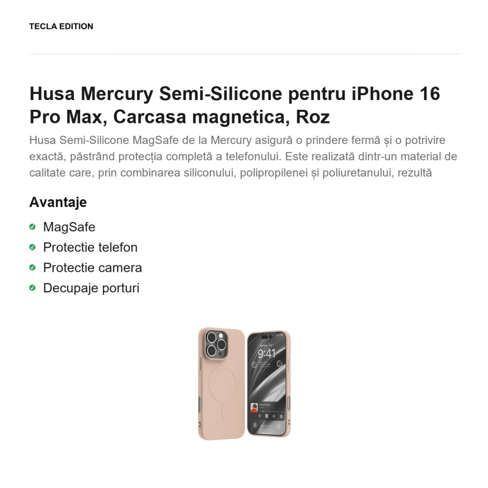 Husa Mercury Semi-Silicone pentru iPhone 16 Pro Max, Carcasa magnetica, Roz [2]