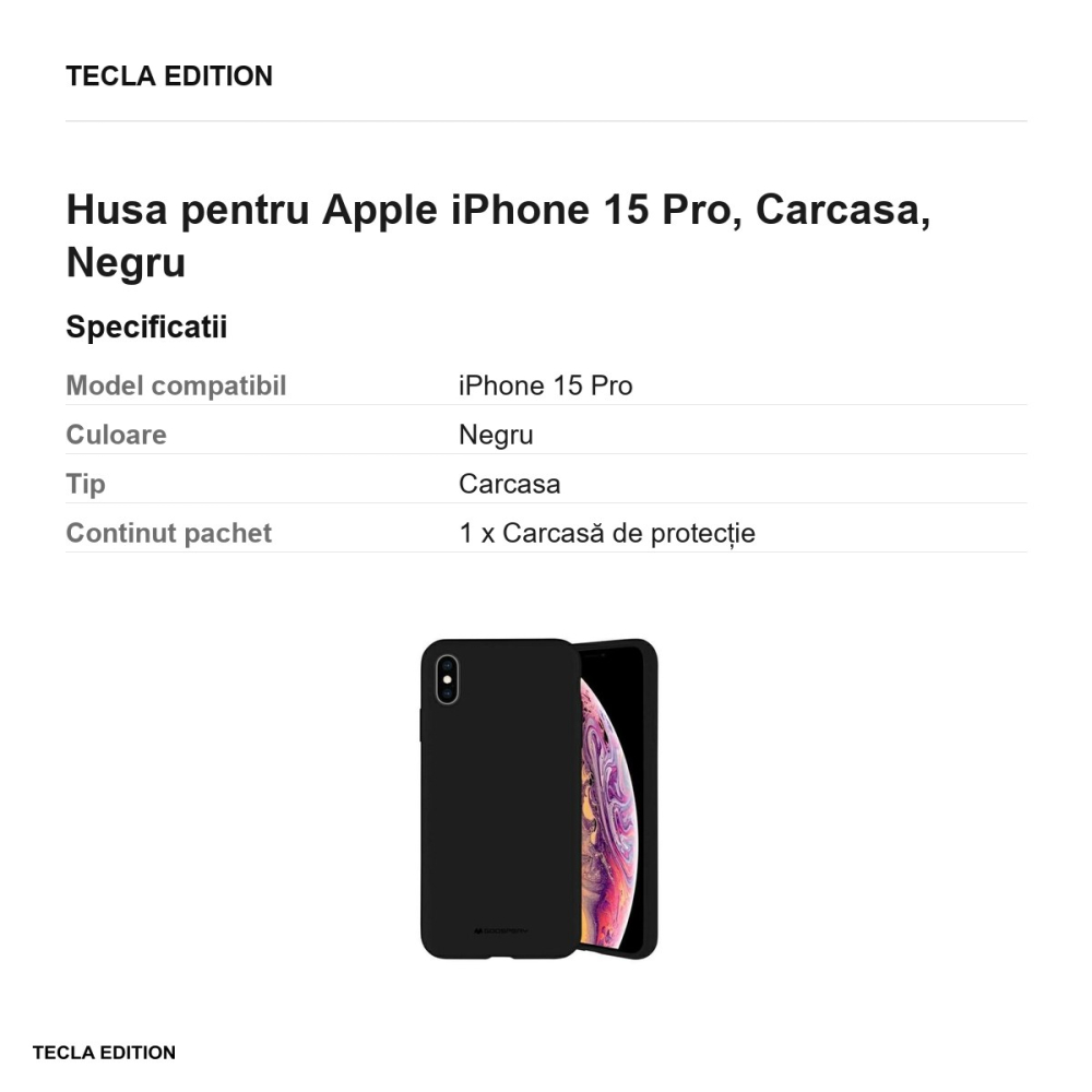 Husa Mercury Silicone pentru Apple iPhone 15 Pro, Carcasa, Negru [3]