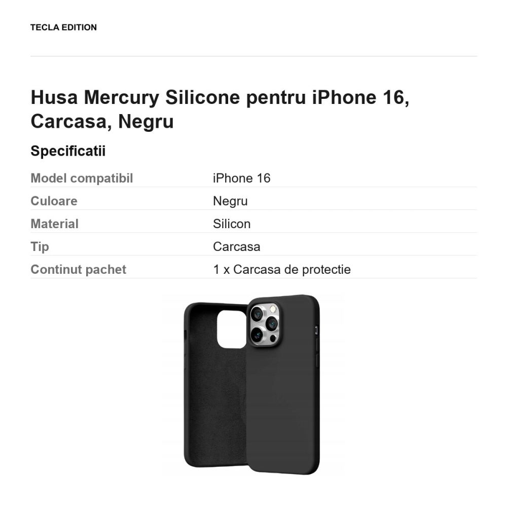 Husa Mercury Silicone pentru iPhone 16, Carcasa, Negru [3]