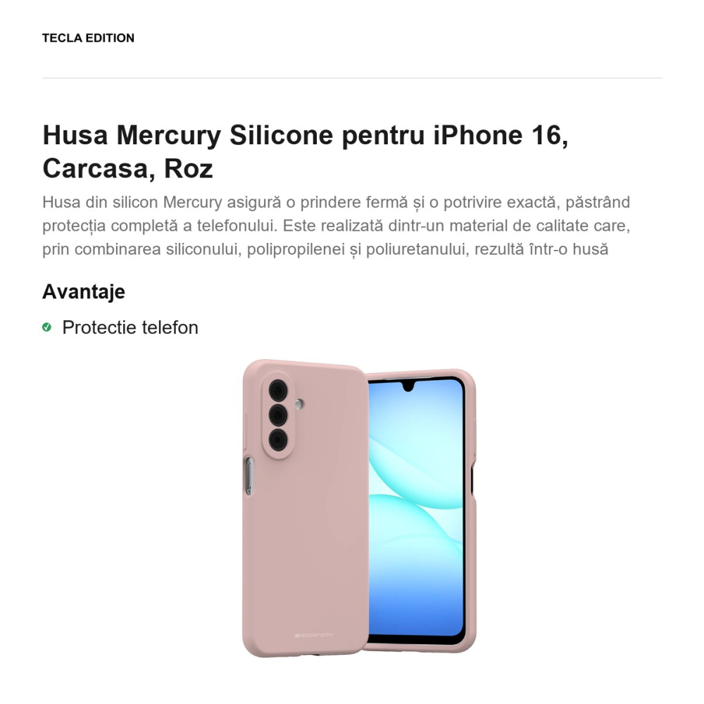 Husa Mercury Silicone pentru iPhone 16, Carcasa, Roz [2]