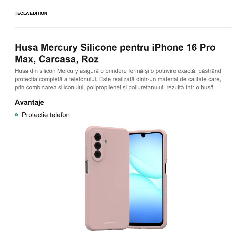 Husa Mercury Silicone pentru iPhone 16 Pro Max, Carcasa, Roz [2]