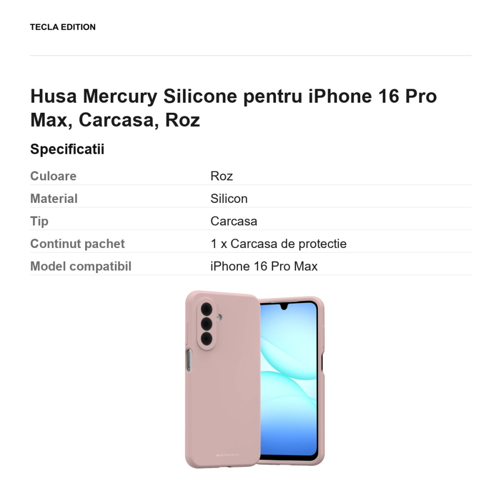 Husa Mercury Silicone pentru iPhone 16 Pro Max, Carcasa, Roz [3]