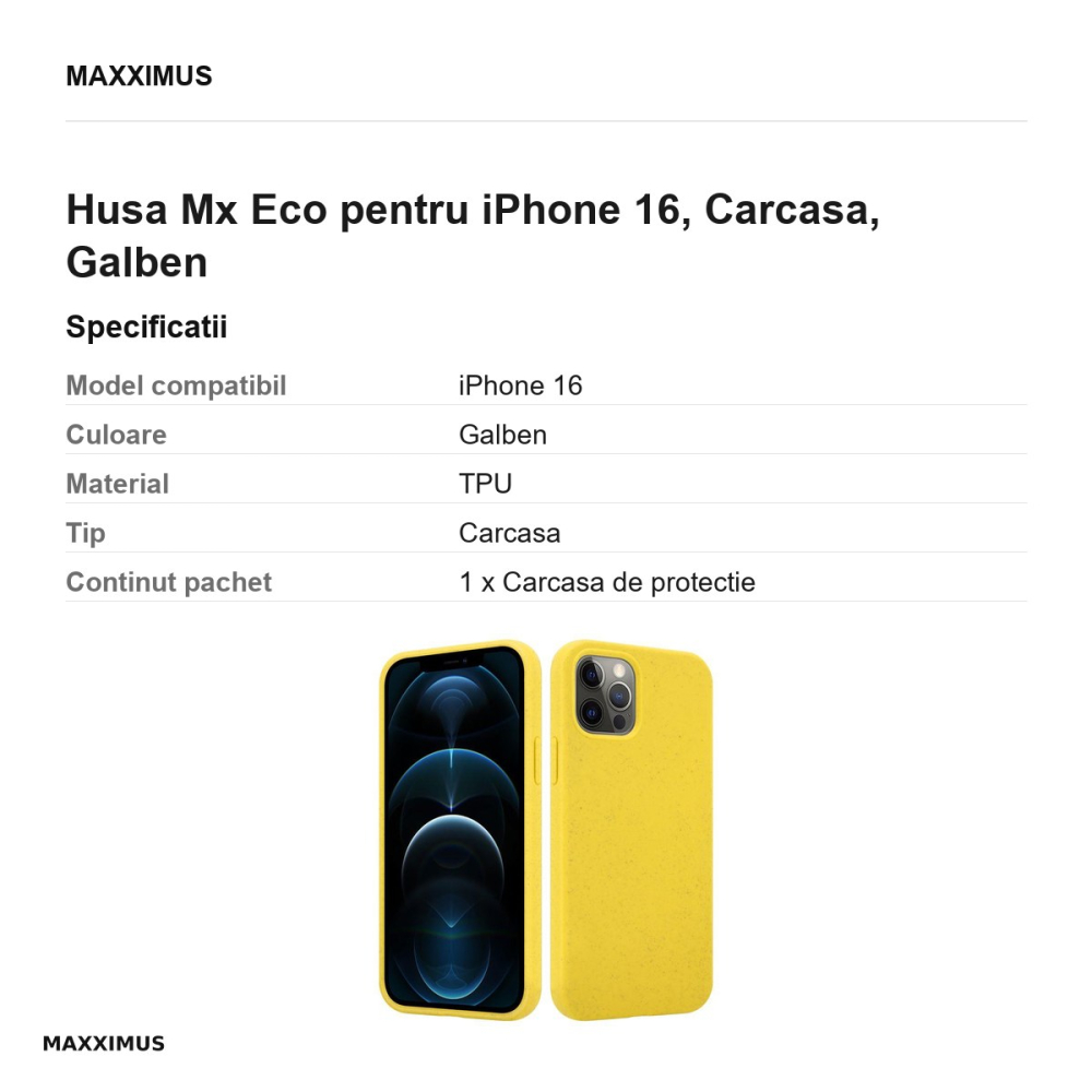 Husa Mx Eco pentru iPhone 16, Carcasa, Galben [3]