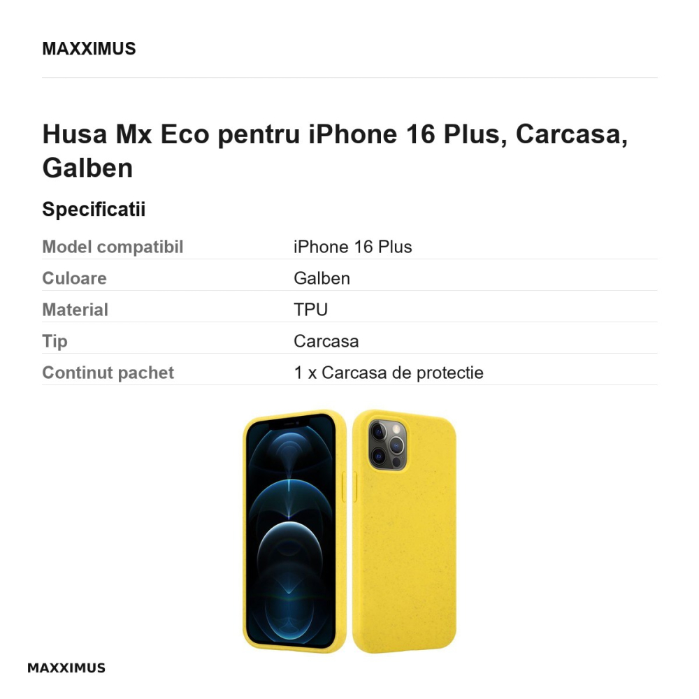 Husa Mx Eco pentru iPhone 16 Plus, Carcasa, Galben [3]