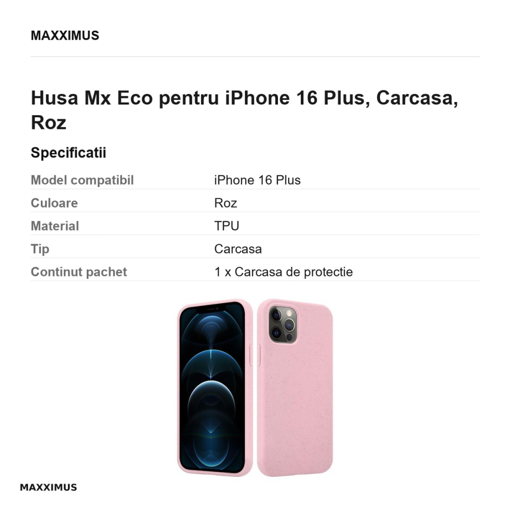 Husa Mx Eco pentru iPhone 16 Plus, Carcasa, Roz [3]