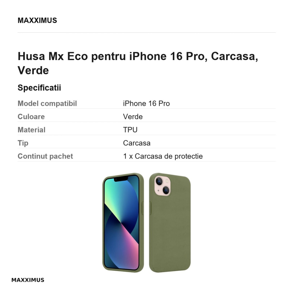 Husa Mx Eco pentru iPhone 16 Pro, Carcasa, Verde [3]