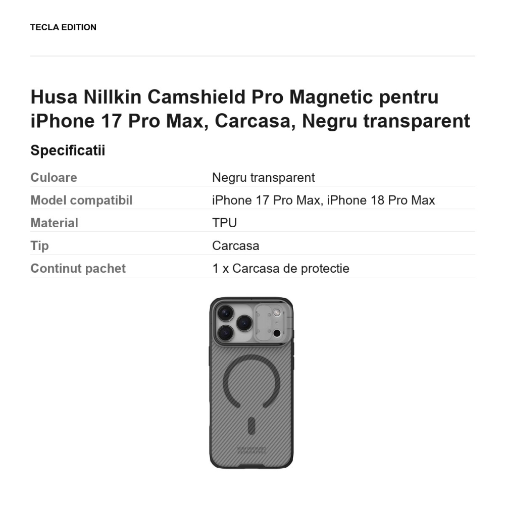 Husa Nillkin Camshield Pro Magnetic pentru iPhone 17 Pro Max, Carcasa, Negru transparent [3]
