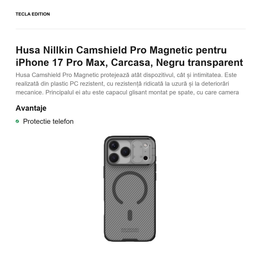 Husa Nillkin Camshield Pro Magnetic pentru iPhone 17 Pro Max, Carcasa, Negru transparent [2]