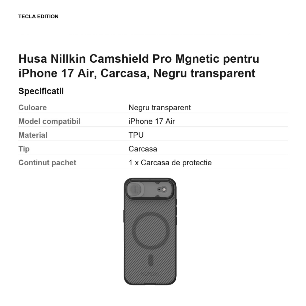 Husa Nillkin Camshield Pro Mgnetic pentru iPhone 17 Air, Carcasa, Negru transparent [3]