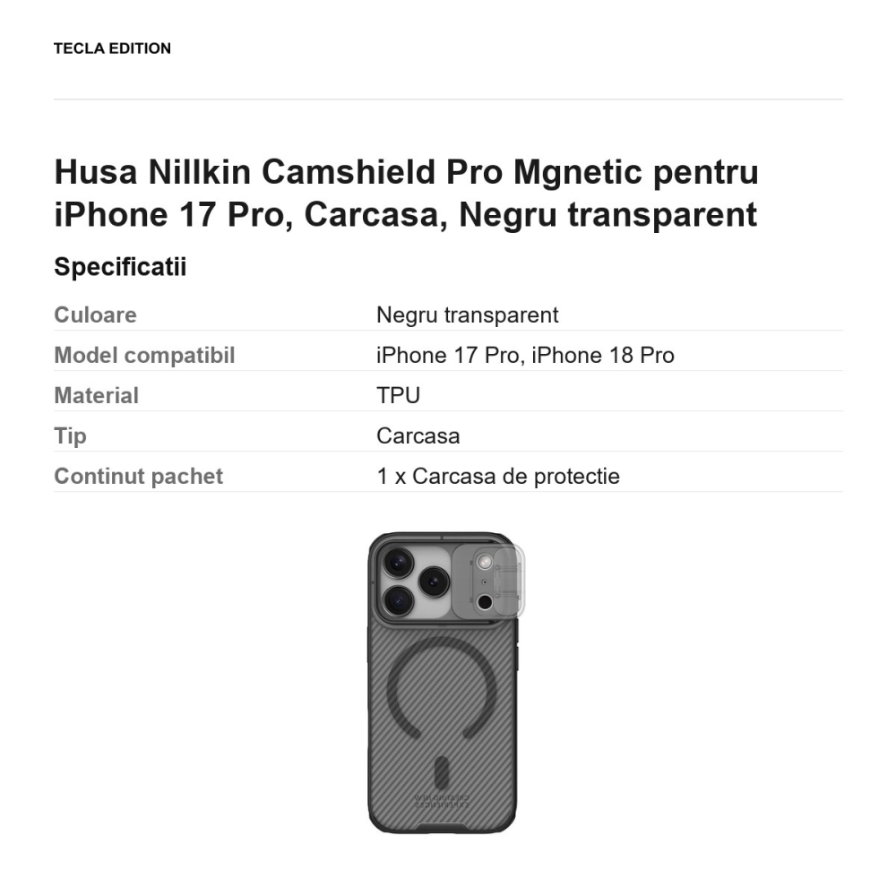Husa Nillkin Camshield Pro Mgnetic pentru iPhone 17 Pro, Carcasa, Negru transparent [3]