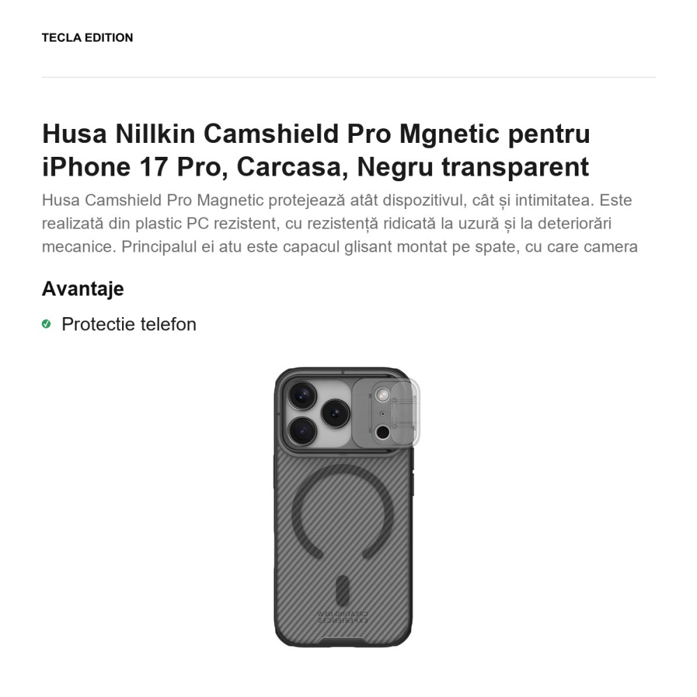 Husa Nillkin Camshield Pro Mgnetic pentru iPhone 17 Pro, Carcasa, Negru transparent [2]