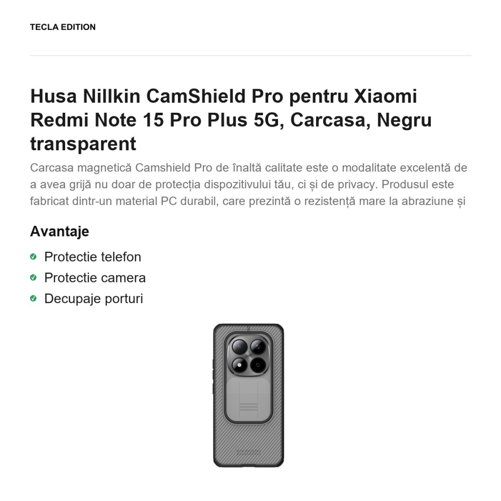 Husa Nillkin CamShield Pro pentru Xiaomi Redmi Note 15 Pro Plus 5G, Carcasa, Negru transparent [2]