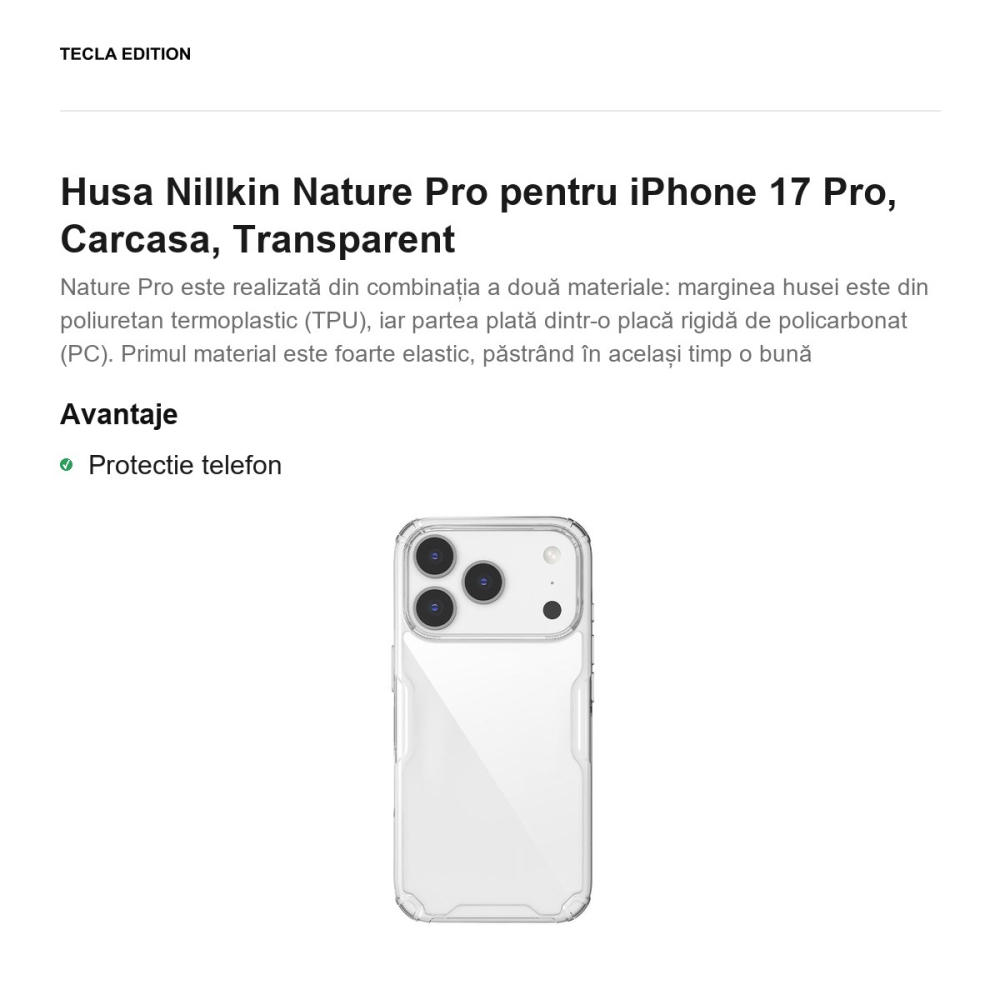 Husa Nillkin Nature Pro pentru iPhone 17 Pro, Carcasa, Transparent [2]