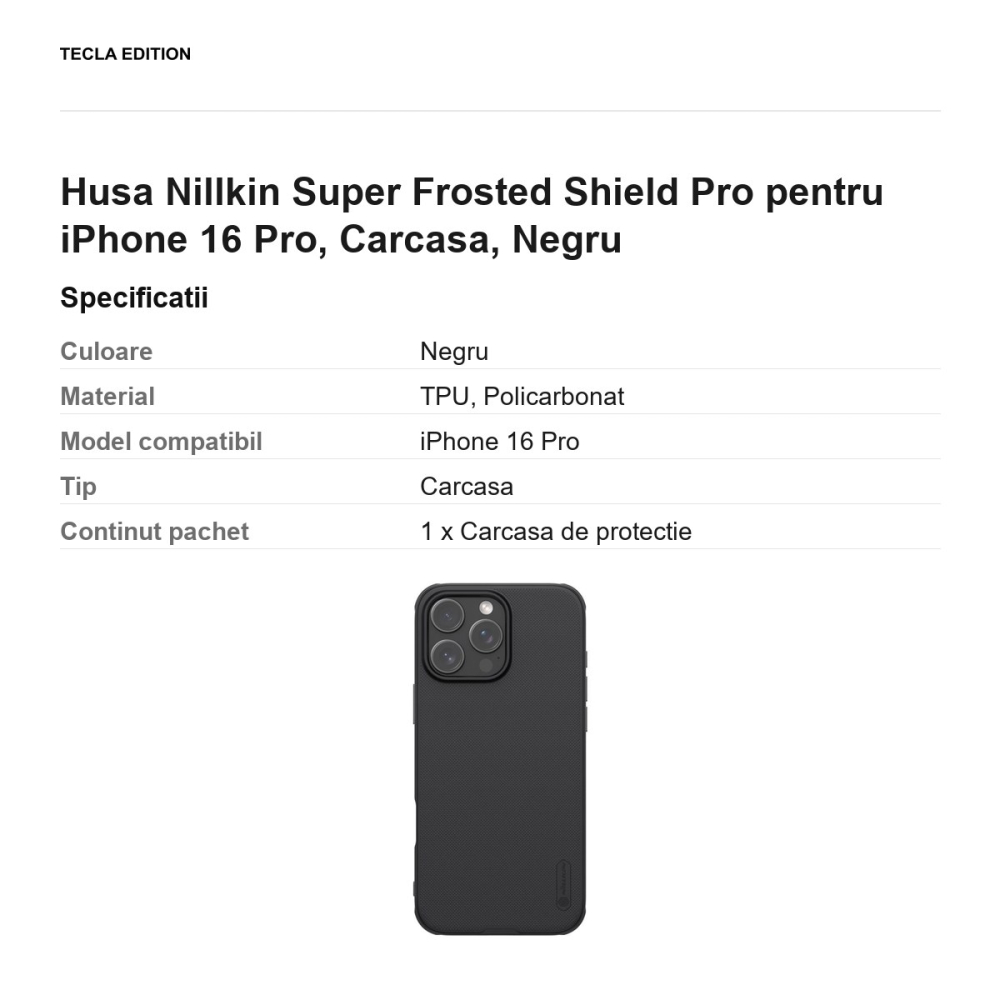 Husa Nillkin Super Frosted Shield Pro pentru iPhone 16 Pro, Carcasa, Negru [3]