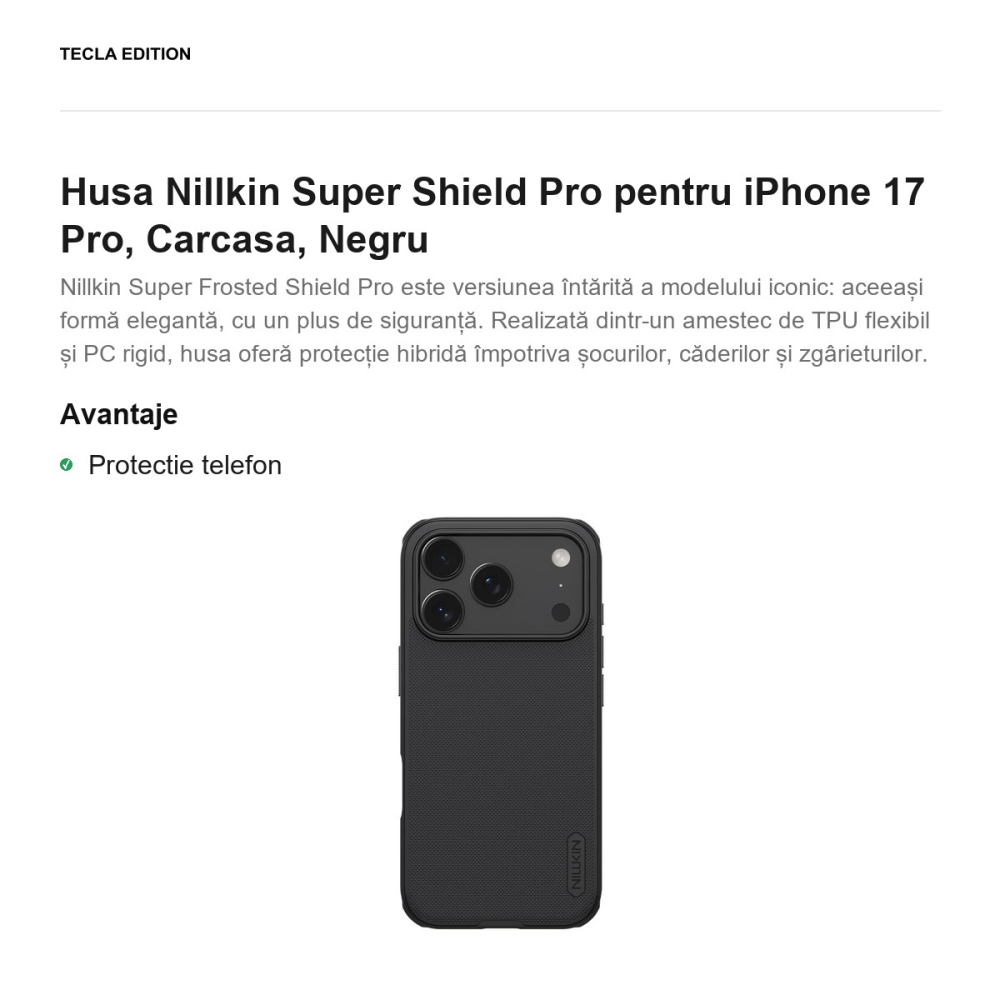 Husa Nillkin Super Shield Pro pentru iPhone 17 Pro, Carcasa, Negru [2]