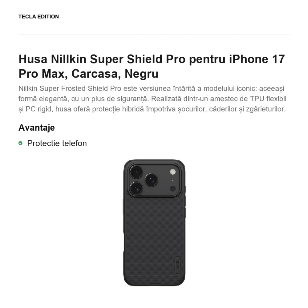 Husa Nillkin Super Shield Pro pentru iPhone 17 Pro Max, Carcasa, Negru [2]