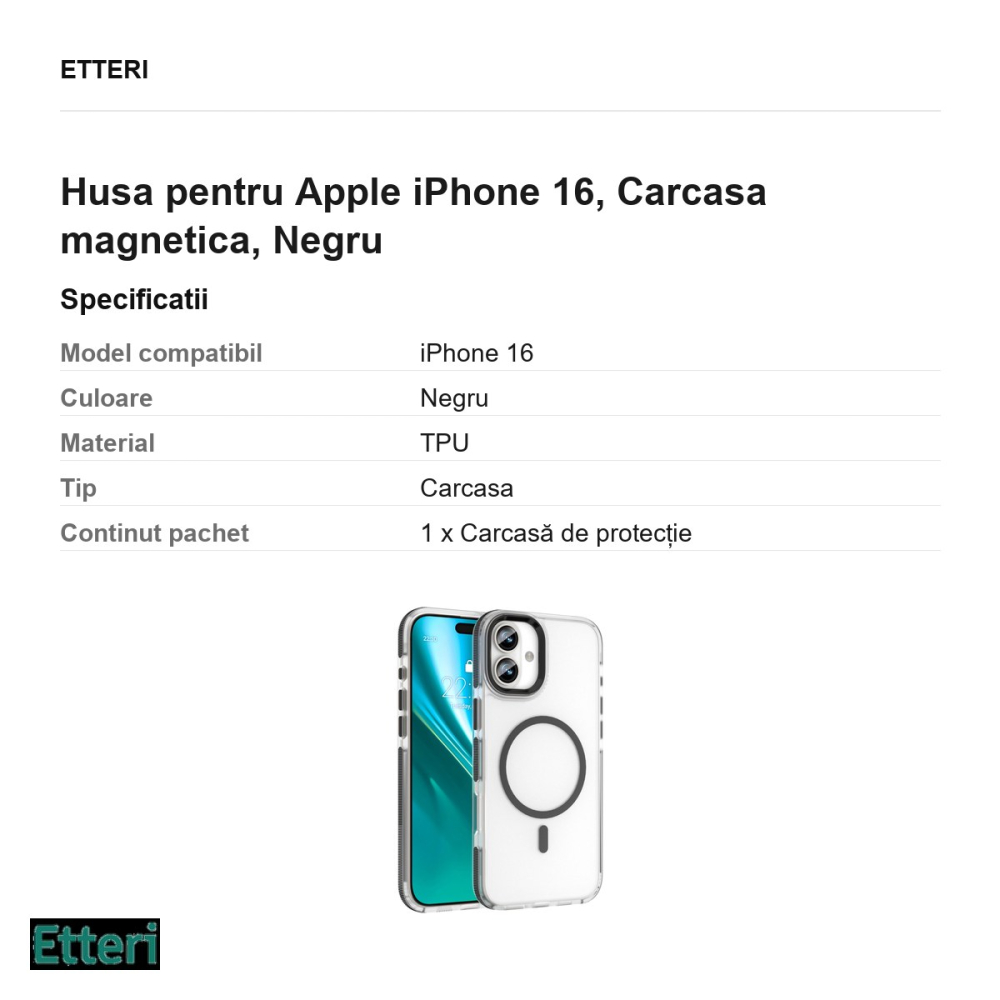 Husa Etteri Icy Mag pentru Apple iPhone 16, Carcasa magnetica, Negru [3]