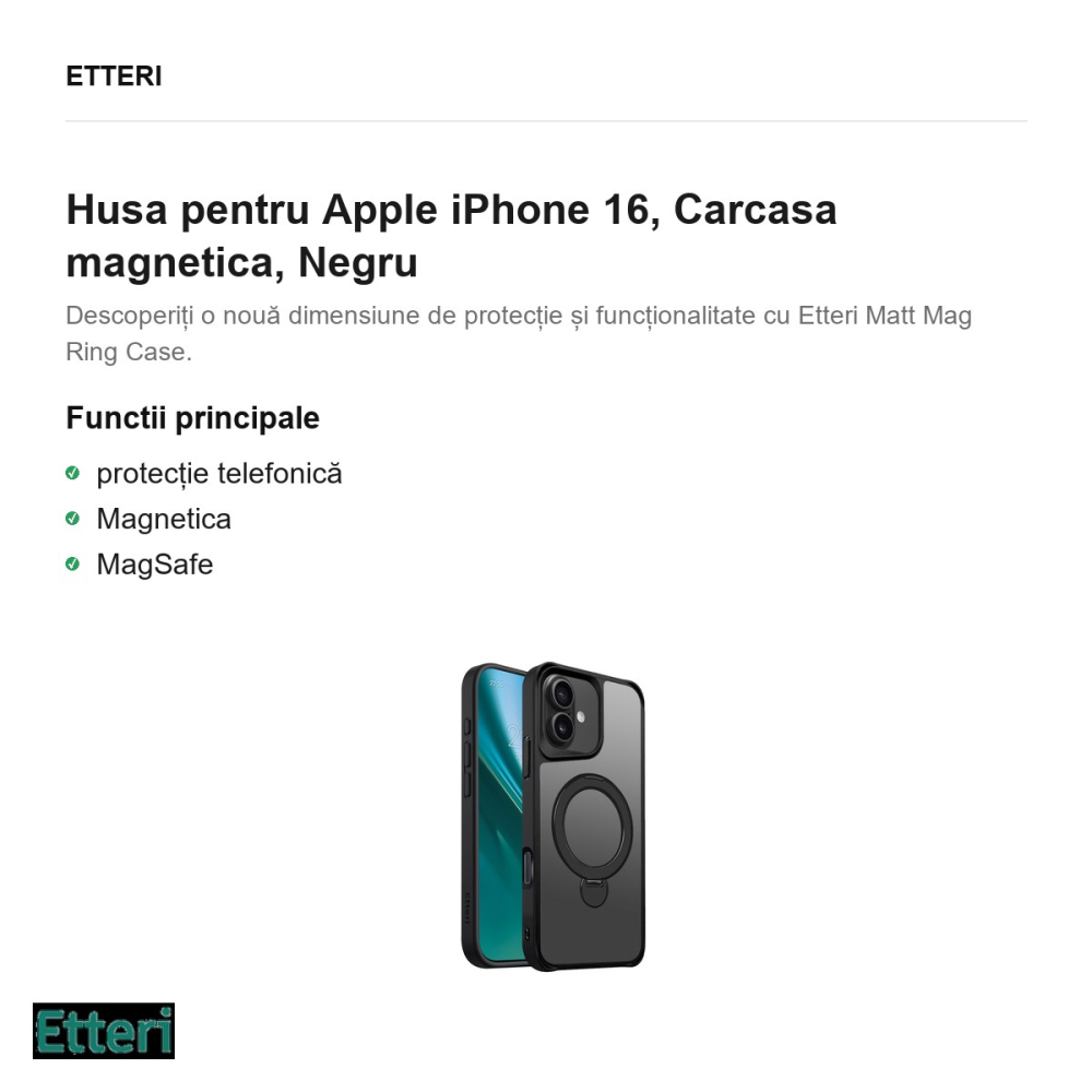 Husa Etteri Matt Mag Ring pentru Apple iPhone 16, Carcasa magnetica, Negru [2]