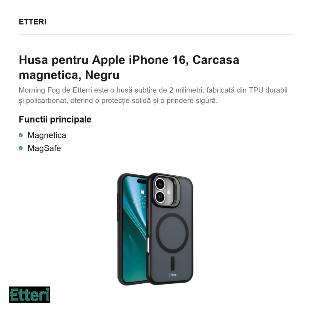 Husa Etteri Morning Fog pentru Apple iPhone 16, Carcasa magnetica, Negru [2]