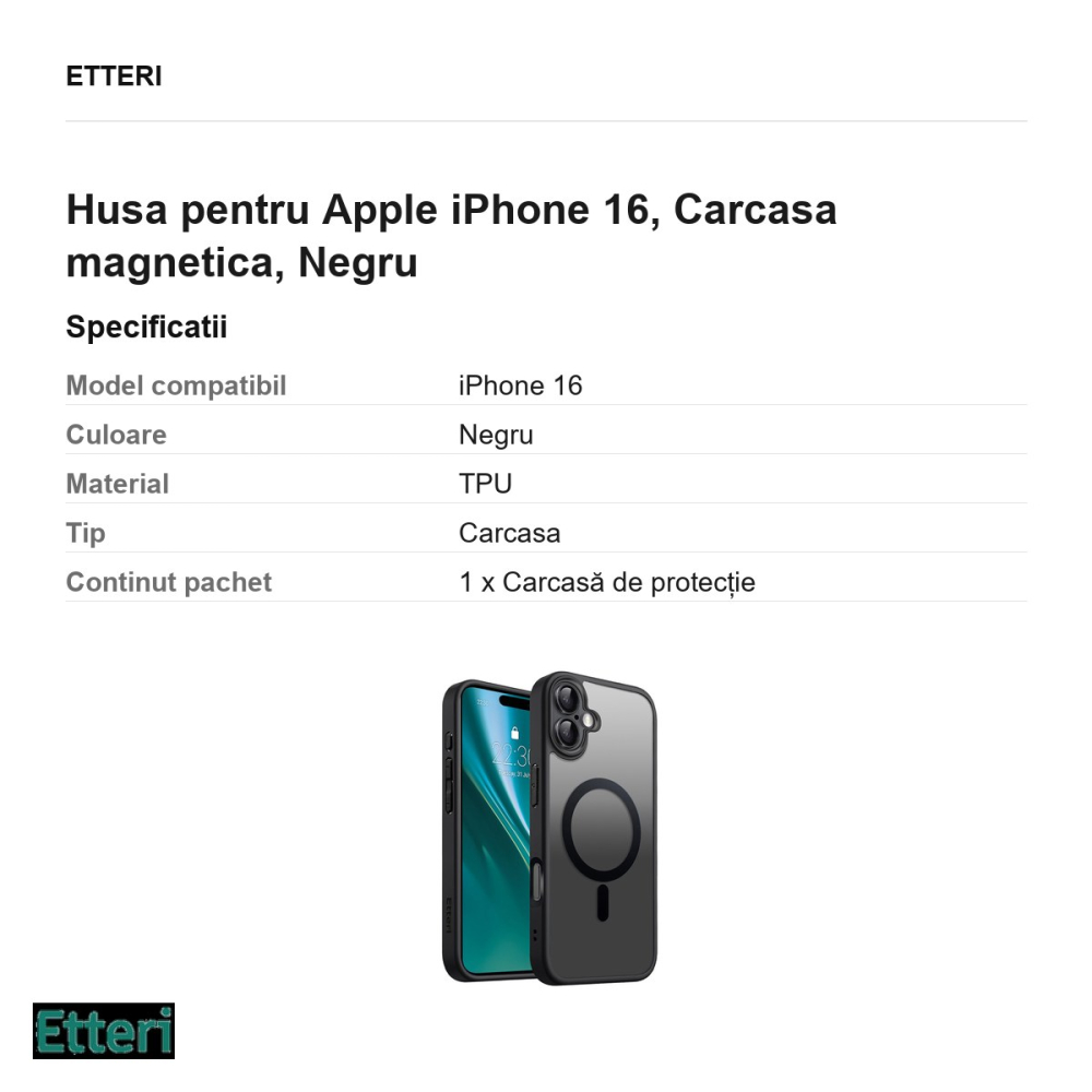 Husa Etteri Matt Mag pentru Apple iPhone 16, Carcasa magnetica, Negru [3]