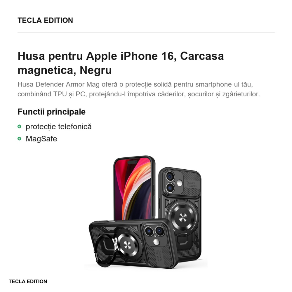 Husa Defender Armor Mag pentru Apple iPhone 16, Carcasa magnetica, Negru [2]