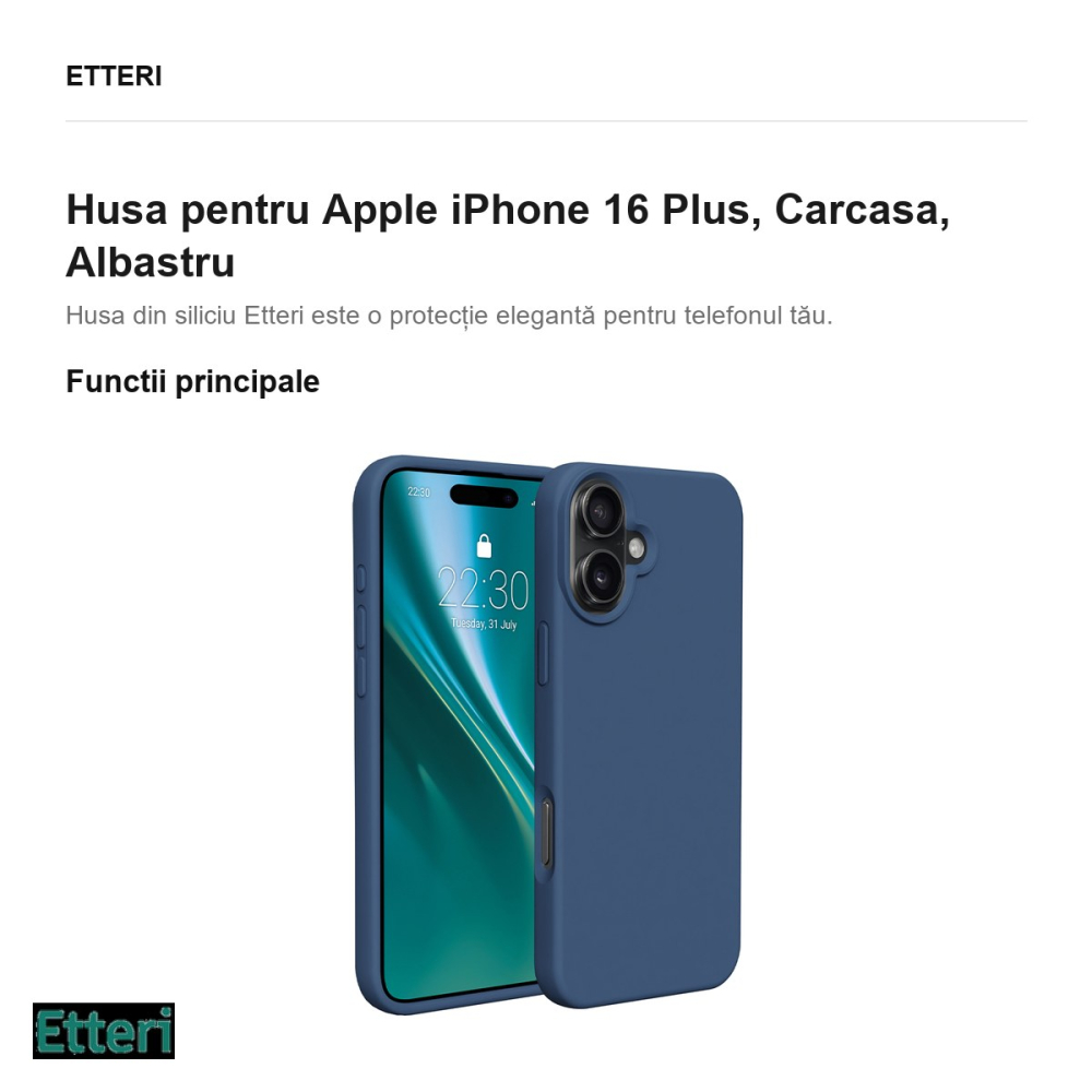 Husa Etteri Silicone pentru Apple iPhone 16 Plus, Carcasa, Albastru [2]
