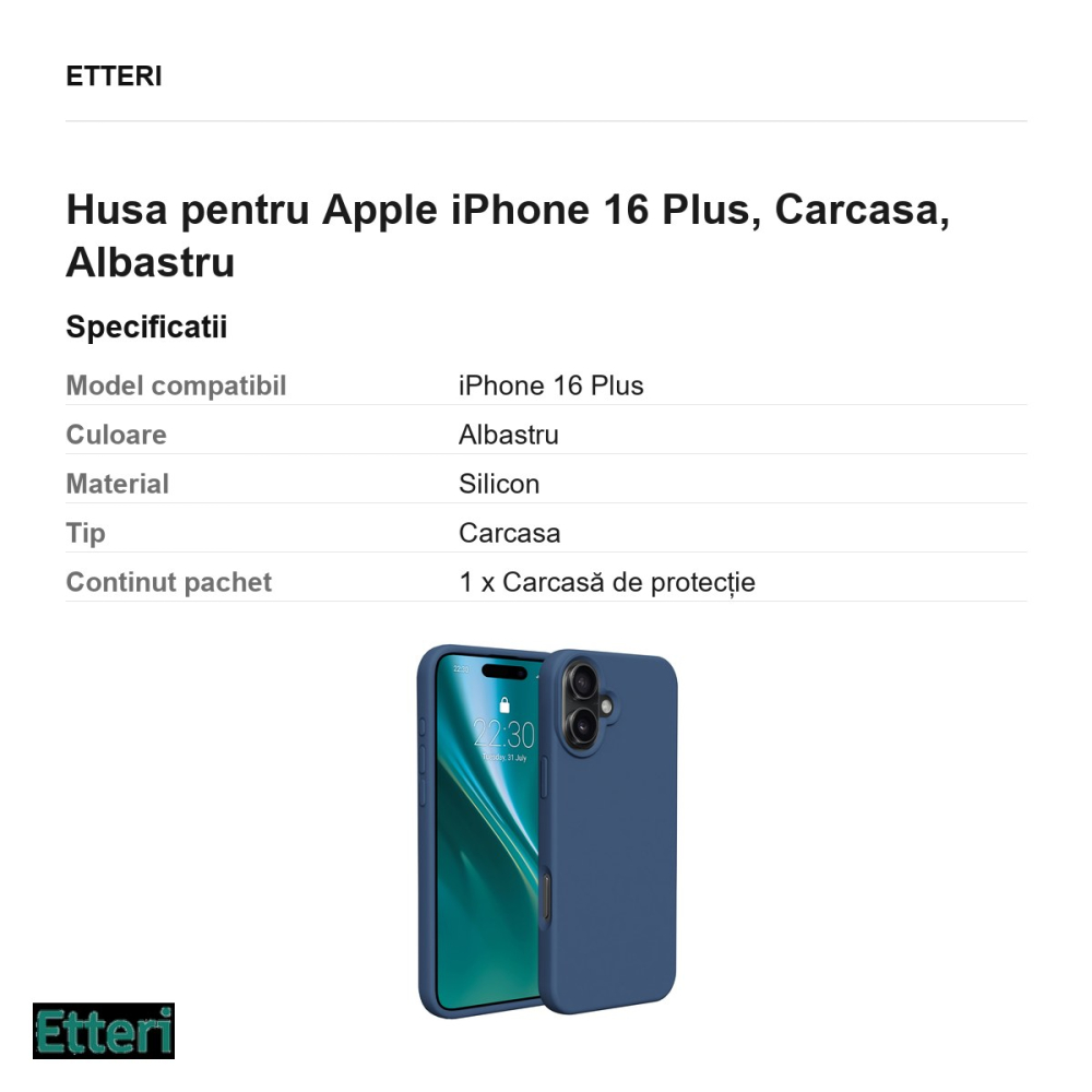Husa Etteri Silicone pentru Apple iPhone 16 Plus, Carcasa, Albastru [3]
